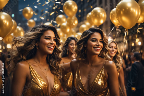  Generate a 4K resolution image of four happy  stylish young women in glamorous party dresses  holding golden balloons shaped like  2024  at a vibrant and energetic New Year s Eve celebration. 