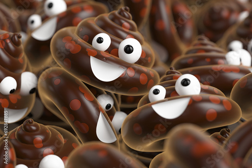 A large group of emoticons in the form of a cheerful SHIT. 3d rendering illustration