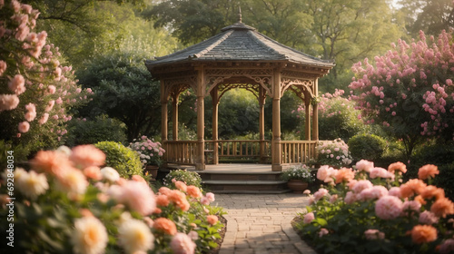Gazebo in a flowering garden, calm atmosphere, relaxation and meditation, light colors. Path, blooming rose bushes, tea house.