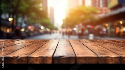 The empty wooden table top with blur background of street in downtown business district with people walking. Exuberant image. generative AI photo