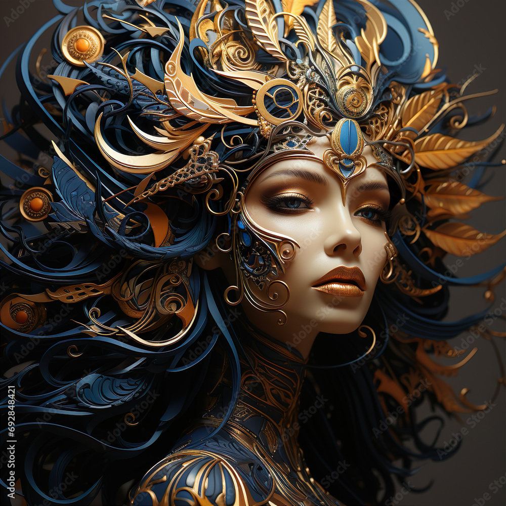A Woman In A Richly Decorated Headdress. Illustration on the theme of history and religion, civilizations and empires. Generative AI A Woman In A Richly Decorated Headdress. Illustration on the theme of history and religion, civilizations and empires. Generative AI