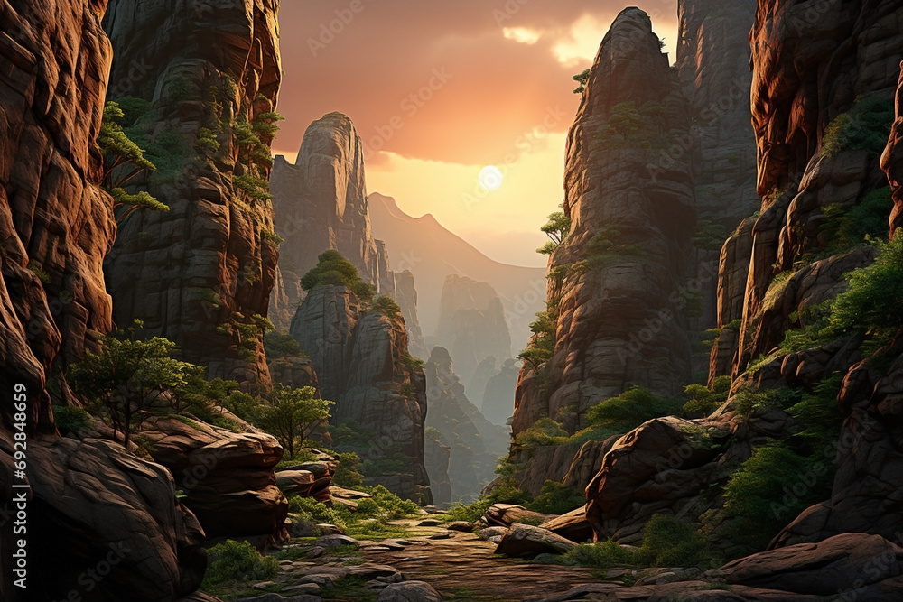 Canyon with sunset between steep rocky cliffs - obrazy, fototapety, plakaty 