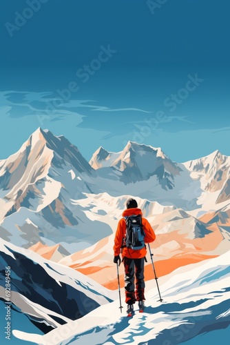 Backcountry skiing in the mountains, minimalistic, poster graphic