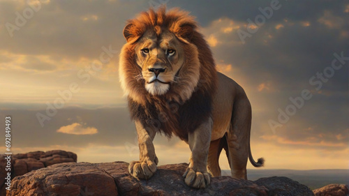A majestic lion with a fiery mane  standing tall on a rocky cliff overlooking the forest  the lion king on the rocky cliff  king of the jungle  Panthera leo 