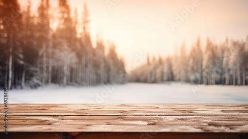 The empty wooden dark brown rustic table top with blur background of winter forest in finland. Exuberant image. generative ai