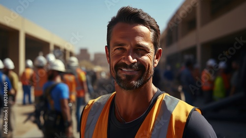 Male worker in orange vest uniform at work on an industrial construction site
