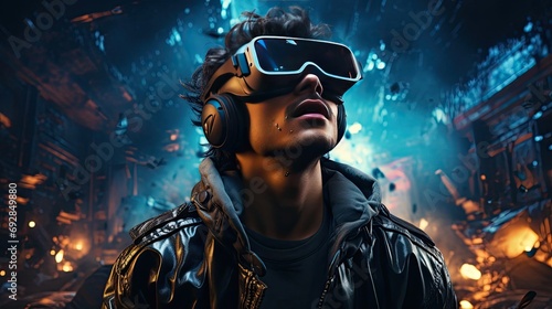 Male gamer plays a computer game wearing virtual reality glasses photo