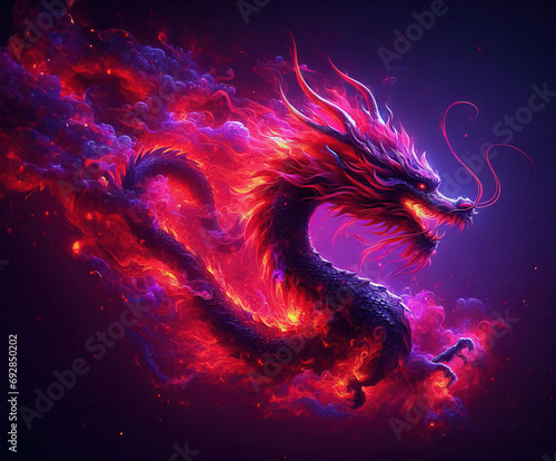 Cosmos fire burn mythology dragon zodiac sign. Abstract colorful cloud background. Dragon year, Generative Ai. © visualry