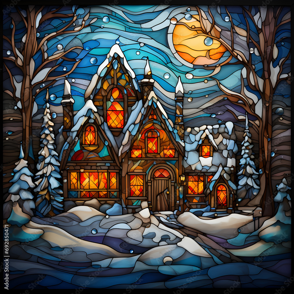 Stained glass window of a home during Christmas and winter