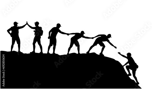 Man help man to climbing mountain. Help and assistance concept. Silhouettes of two people climbing on mountain and helping photo