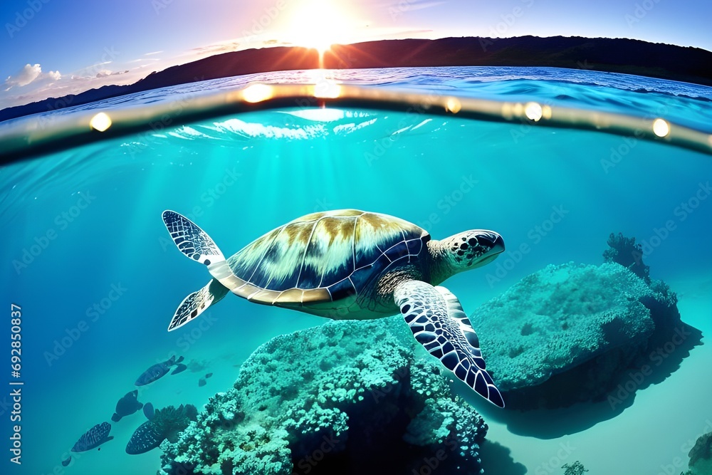 A beautiful sea turtle gliding through ocean