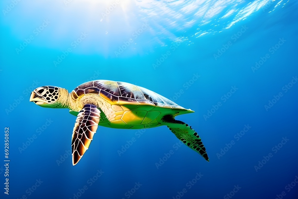 A beautiful sea turtle gliding through ocean