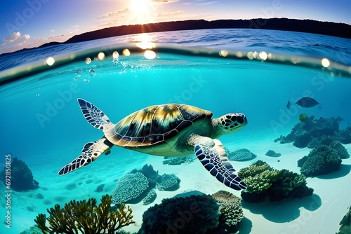 A beautiful sea turtle gliding through ocean