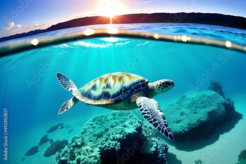 Obraz na płótnie A beautiful sea turtle gliding through ocean w salonie