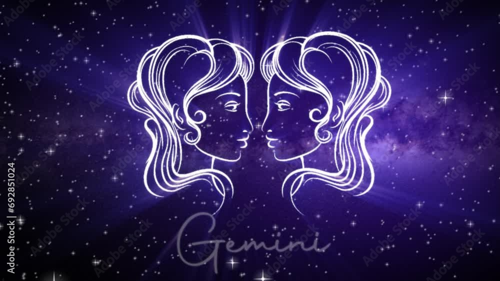 Astrological star sign for Gemini, with a shimmering symbol on a deep space background with stars in 3D space and a smooth arcing camera move, in a mystical dark purple and pink color scheme Astrological star sign for Gemini, with a shimmering symbol on a deep space background with stars in 3D space and a smooth arcing camera move, in a mystical dark purple and pink color scheme