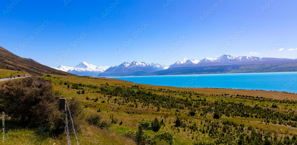 Naklejka premium The mountain landscape view of blue sky background over Aoraki mount cook national park,New zealand