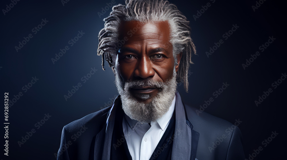 Fototapeta premium Handsome elderly black African American man with long dreadlocked hair, on a dark blue background, banner.