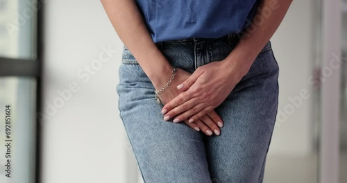 Young woman abdominal pain and gynecological or medical problems concept photo