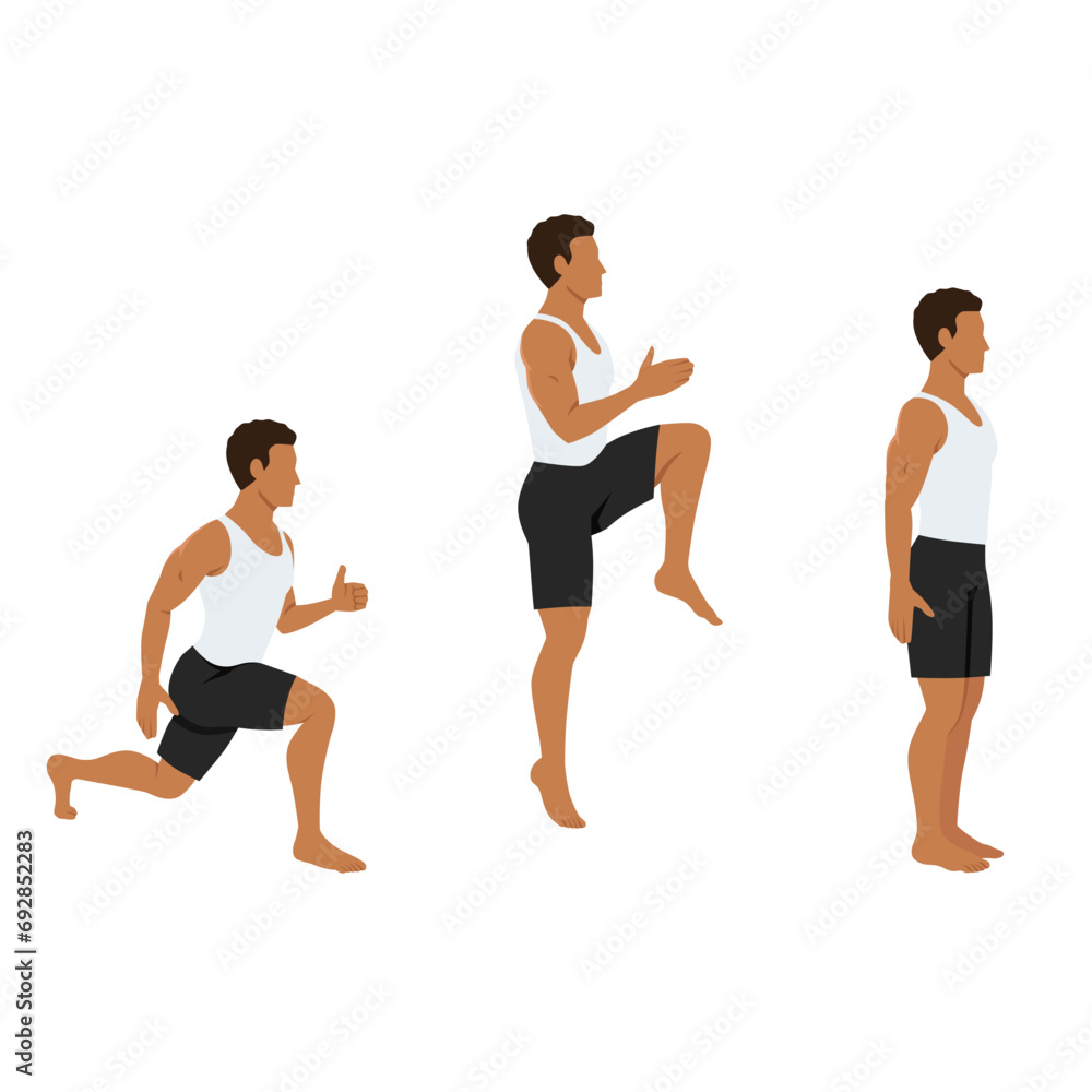 Man doing power lunge exercise. Jump lunges. Flat vector illustration isolated on white background Man doing power lunge exercise. Jump lunges. Flat vector illustration isolated on white background