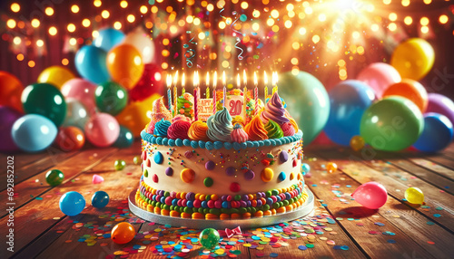 Colorful Birthday Cake with Balloons and Confetti