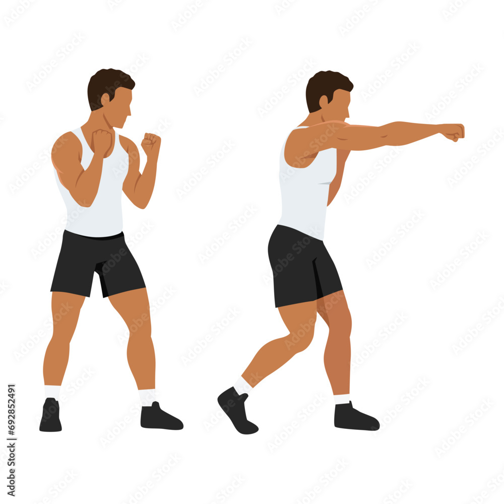 Man doing right hand cross exercise. Training boxing. Flat vector illustration isolated on white background Man doing right hand cross exercise. Training boxing. Flat vector illustration isolated on white background