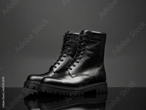 Black leather boots stand on a pedestal. Studio shooting of shoes, isolated