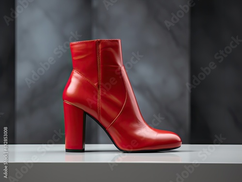 Red women's shoes. The boots are located on a stand, studio photo, free space