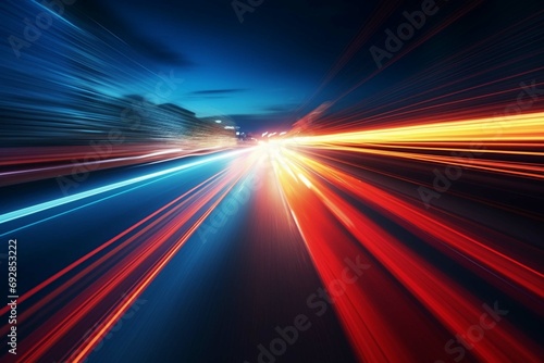 Cars lights on the road at night time. Timelapse, hyperlapse of transportation. Motion blur, light trails, abstract soft glowing