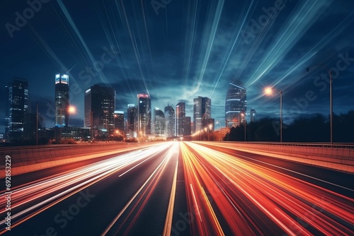 Cars lights on the road at night time. Timelapse  hyperlapse of transportation. Motion blur  light trails  abstract soft glowing
