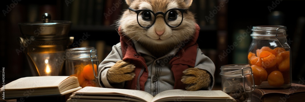 Funny Animal Chipmunk Glasses Reading Book, Comic background, Background Banner