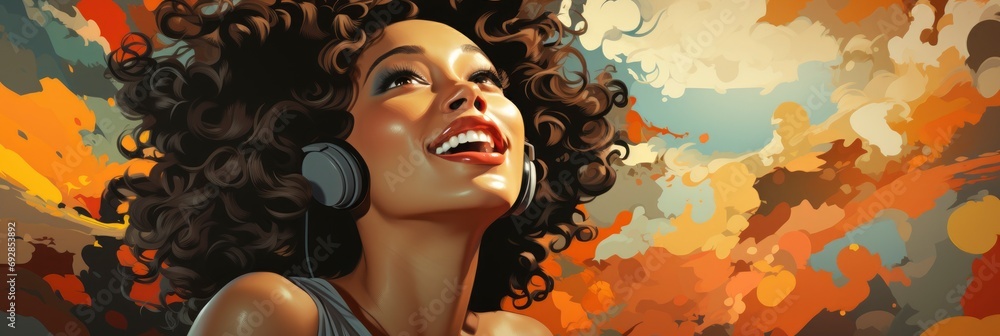 Happy Young African American Woman Laughing, Comic background, Background Banner