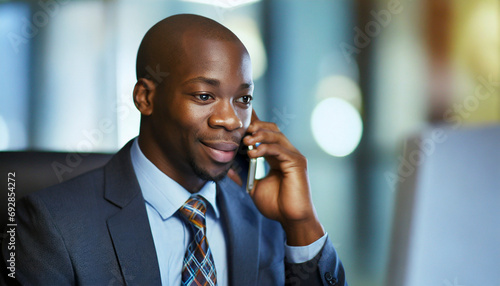 Portrait of a smiling African businessman talking on mobile phone in office, financial advisor, investment in stock market