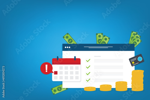 Money payment date schedule or agenda in calendar. Tasks list and cash schedule alert notification, idea of tax or credit loan pay time, budget or financial plan. Vector illustration