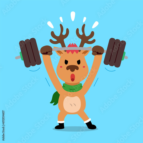 Vector cartoon character christmas reindeer doing weight training for design.