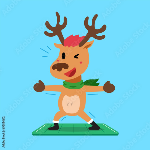 Cartoon character christmas reindeer exercising on yoga mat for design.
