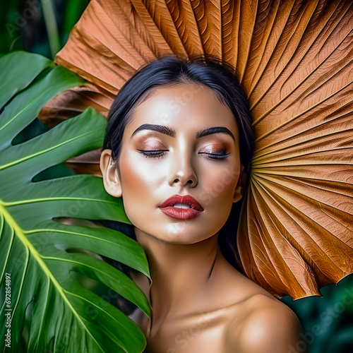 Portrait of woman with big brown dry tropical leaf and dark nature background. Outdoor leisure activity and feeling connection with forest. Environment lifestyle. People in the woods. Closed eyes