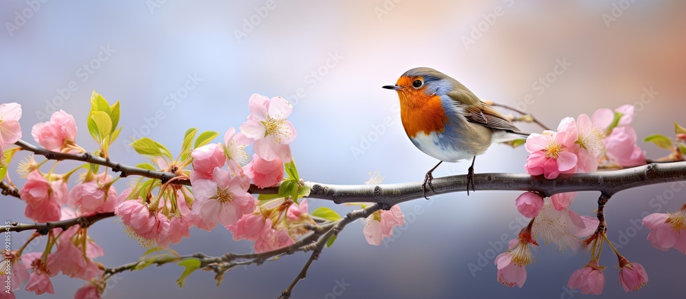 A vibrant robin perches on a blossoming pink apple tree branch, singing in the spring garden.