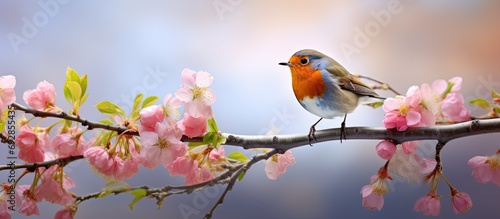 A vibrant robin perches on a blossoming pink apple tree branch, singing in the spring garden.