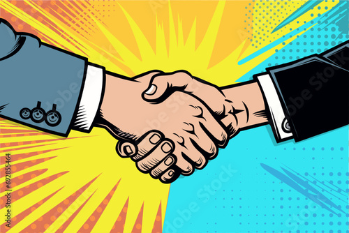 handshake business corporate deal agreement contract colorful partnership teamwork pop art retro comic book vector illustration