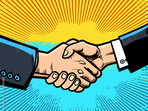 handshake business corporate deal contract colorful partnership teamwork pop art retro comic book illustration