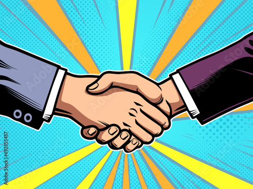 handshake business corporate deal contract colorful partnership teamwork pop art retro comic book vector illustration