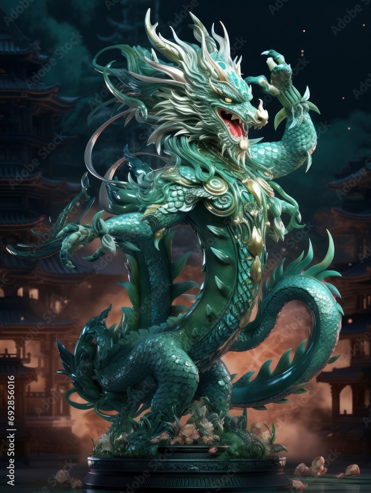 Chinese emerald dragon full body figure, new year festive background