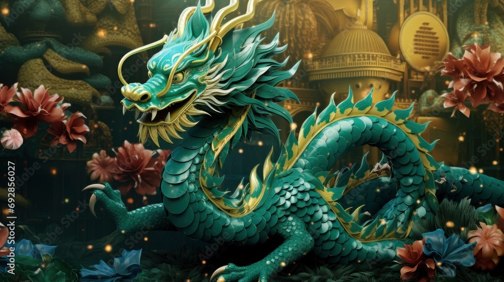 Chinese emerald dragon full body figure, new year festive background