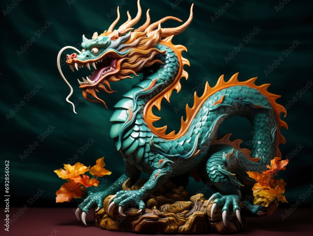 Chinese emerald dragon full body figure, vivid color background
