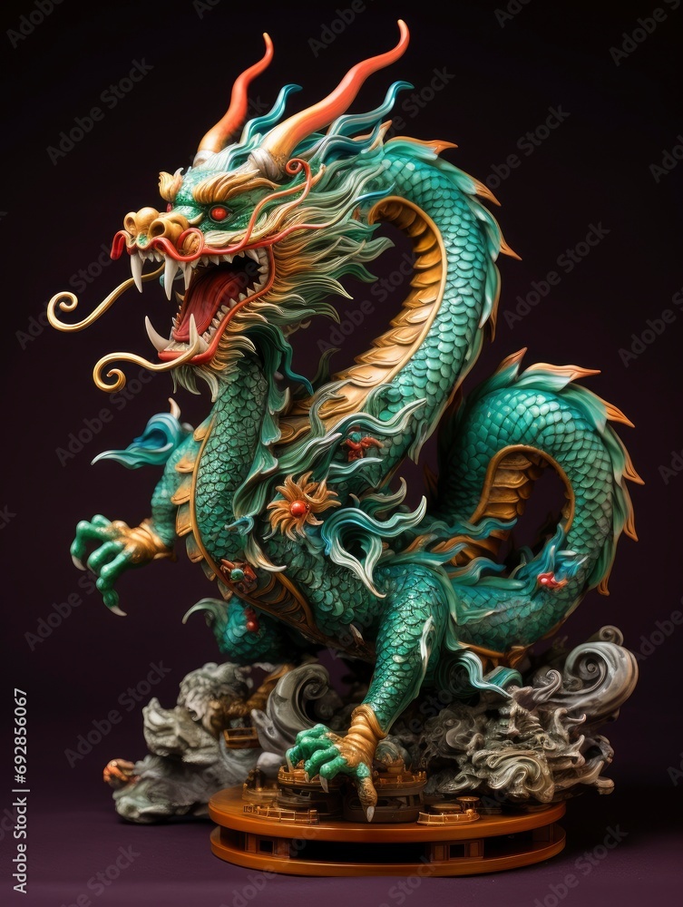 Fototapeta premium Chinese emerald dragon full body figure, vivid color background