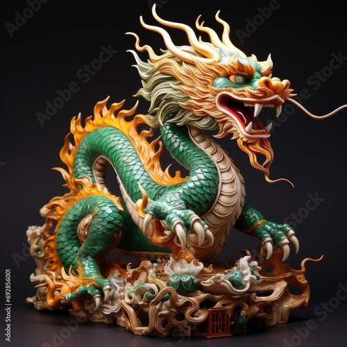 Chinese emerald dragon figure, vivid color background © shooreeq