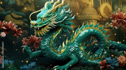 Wallpaper Mural Chinese emerald dragon full body figure, new year festive background Torontodigital.ca