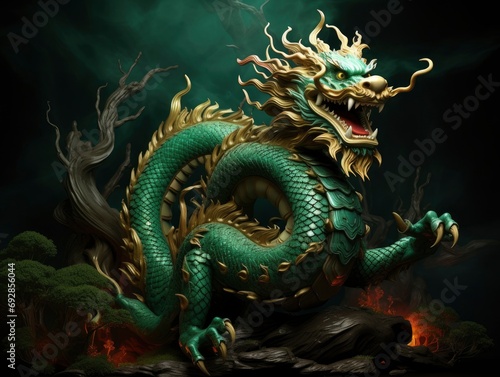 Chinese emerald dragon full body figure  new year festive background