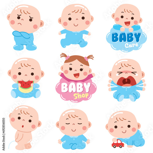 A charming and playful cartoon-style illustration featuring babies in various moods and activities