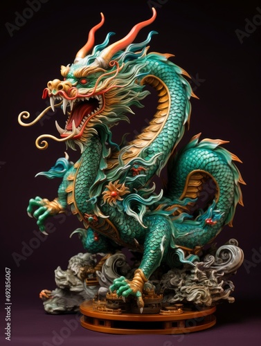 Chinese emerald dragon full body figure, vivid color background © shooreeq